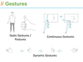 ESRI International Developer Summit 2013

// Gestures




   Static Gestures /            Continuous Gestures
       Postures




                       Dynamic Gestures
 