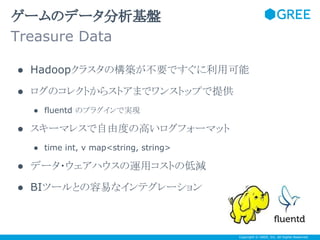 ゲームのデータ分析基盤
Treasure Data
● Hadoopクラスタの構築が不要ですぐに利用可能
● ログのコレクトからストアまでワンストップで提供
● fluentd のプラグインで実現

● スキーマレスで自由度の高いログフォーマット
● time int, v map<string, string>

● データ・ウェアハウスの運用コストの低減
● BIツールとの容易なインテグレーション

Copyright © GREE, Inc. All Rights Reserved.

 