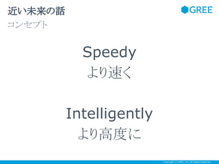 近い未来の話
コンセプト

Speedy
より速く
Intelligently
より高度に
Copyright © GREE, Inc. All Rights Reserved.

 
