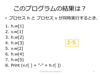 このプログラムの結果は？

• プロセス h と プロセス v が同時実行するとき、
1.
2.
3.
4.
5.
6.
7.
8.

h.w[1]
v.w[1]
h.w[2]
h.w[3]
v.w[2]
h.w[4]
h.w[5]
Print (v.r[ ] + ”-” + h.r[ ])
(C) 2014 Microsoft Corporation

2-5

9

 