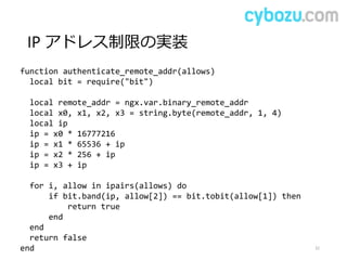 IP アドレス制限の実装
32
function authenticate_remote_addr(allows)
local bit = require("bit")
local remote_addr = ngx.var.binary_remote_addr
local x0, x1, x2, x3 = string.byte(remote_addr, 1, 4)
local ip
ip = x0 * 16777216
ip = x1 * 65536 + ip
ip = x2 * 256 + ip
ip = x3 + ip
for i, allow in ipairs(allows) do
if bit.band(ip, allow[2]) == bit.tobit(allow[1]) then
return true
end
end
return false
end
 