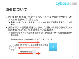 SNI について
• SNI は TLS 拡張の一つで TLS ハンドシェイク時にアクセスした
い FQDN をサーバに渡すこと
• 名前ベースバーチャルホストでも FQDN 毎に証明書を変えることが出
来る
• クライアント証明書認証ではサーバは受け付けるクライアント
証明書の CA の DN を送信することが出来る
• 複数のクライアント証明書を持っている場合ユーザーの証明書選択が
楽になる
46
LB
この CA が発行した証明書を送ってね
証明書を送信
fukaya-coop.s.cybozu.com にアクセスしたいよ
 