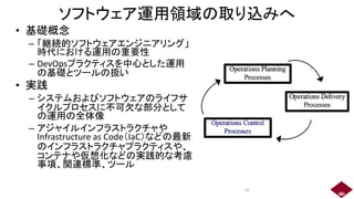 ソフトウェア運用領域の取り込みへ
• 基礎概念
– 「継続的ソフトウェアエンジニアリング」
時代における運用の重要性
– DevOpsプラクティスを中心とした運用
の基礎とツールの扱い
• 実践
– システムおよびソフトウェアのライフサ
イクルプロセスに不可欠な部分として
の運用の全体像
– アジャイルインフラストラクチャや
Infrastructure as Code（IaC）などの最新
のインフラストラクチャプラクティスや、
コンテナや仮想化などの実践的な考慮
事項、関連標準、ツール
19
 