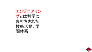 エンジニアリン
グとは科学に
裏打ちされた
技術活動、学
問体系
4
 