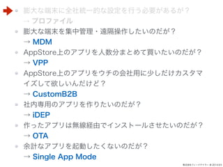 ʶĩȫyһĤOФҪ뤬 
 ץե 
ʶĩй?hΤ 
 MDM 
AppStoreϤΥץ֤ޤȤIΤ 
 VPP 
AppStoreϤΥץ򥦥λä٤ 
ɣ 
 CustomB2B 
ڌäΥץꤿΤ 
 iDEP 
äץϟoUɤǥ󥹥ȩ`뤵Τ 
 OTA 
ӋʥץӤʤΤ 
 Single App Mode 
ʽե`ɥƥ` @ 2014.9.5 
 