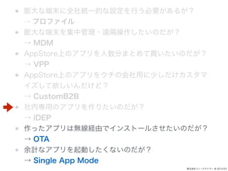 ʶĩȫyһĤOФҪ뤬 
 ץե 
ʶĩй?hΤ 
 MDM 
AppStoreϤΥץ֤ޤȤIΤ 
 VPP 
AppStoreϤΥץ򥦥λä٤ 
ɣ 
 CustomB2B 
ڌäΥץꤿΤ 
 iDEP 
äץϟoUɤǥ󥹥ȩ`뤵Τ 
 OTA 
ӋʥץӤʤΤ 
 Single App Mode 
ʽե`ɥƥ` @ 2014.9.5 
 
