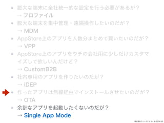 ʶĩȫyһĤOФҪ뤬 
 ץե 
ʶĩй?hΤ 
 MDM 
AppStoreϤΥץ֤ޤȤIΤ 
 VPP 
AppStoreϤΥץ򥦥λä٤ 
ɣ 
 CustomB2B 
ڌäΥץꤿΤ 
 iDEP 
äץϟoUɤǥ󥹥ȩ`뤵Τ 
 OTA 
ӋʥץӤʤΤ 
 Single App Mode 
ʽե`ɥƥ` @ 2014.9.5 
 