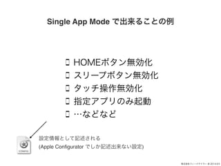 ʽե`ɥƥ` @ 2014.9.5 
Single App Mode ǳ뤳Ȥ 
HOMEܥo 
`ץܥo 
åo 
ָץΤ 
ʤɤʤ 
OȤӛ! 
(Apple Configurator ǤӛʤO) 
 