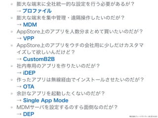 ʶĩȫyһĤOФҪ뤬 
 ץե 
ʶĩй?hΤ 
 MDM 
AppStoreϤΥץ֤ޤȤIΤ 
 VPP 
AppStoreϤΥץ򥦥λä٤ 
ɣ 
 CustomB2B 
ڌäΥץꤿΤ 
 iDEP 
äץϟoUɤǥ󥹥ȩ`뤵Τ 
 OTA 
ӋʥץӤʤΤ 
 Single App Mode 
MDM`ФOΤ浹ʤΤ 
 DEP 
ʽե`ɥƥ` @ 2014.9.5 
 