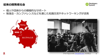 11
従来の開発者社会
• 個人や団体からの積極的なサポート
• 勉強会・カンファレンスなどを通じた知識交流やネットワーキングが活発
カンファレンス
勉強会
Meetup
【 Free image provider, www.pexels.com/, 2020/08/13 】
 