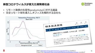 15
新型コロナウィルスが変えた開発者社会
• リモート勤務の生産性(productivity)に対する議論
• 完全リモート制を導入しオフィスを解約する会社も
【 RIETI, https://www.rieti.go.jp/en/columns/v01_0137.html?ref=rss, 2020/08/13 】
【 Nikkei Press, https://www.nikkei.com/article/DGXMZO62370130W0A800C2LKA000/, 2020/08/13 】
 