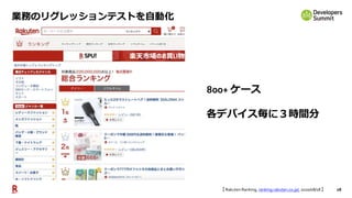 28
業務のリグレッションテストを自動化
800+ ケース
各デバイス毎に３時間分
【 Rakuten Ranking, ranking.rakuten.co.jp/, 2020/08/18 】
 