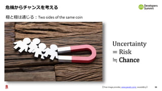 66
危機からチャンスを考える
極と極は通じる：Two sides of the same coin
Uncertainty
= Risk
≒ Chance
【 Free image provider, www.pexels.com/, 2020/08/13 】
 
