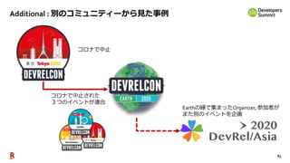 85
Additional : 別のコミュニティーから見た事例
コロナで中止
コロナで中止された
３つのイベントが連合
Earthの縁で集まったOrganizer, 参加者が
また別のイベントを企画
 