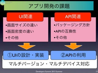 Developers Summit 2013 Summer
Summit
Developers
11
アプリ開発の課題
マルチバージョン・マルチデバイス対応
UI関連 API関連
①UIの設計・実装 ②APIの利用
•画面サイズの違い
•画面密度の違い
•その他
•パッケージング方針
•APIの互換性
•その他
 