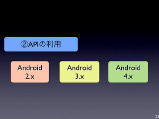 23
Android
2.x
Android
3.x
Android
4.x
②APIの利用
 