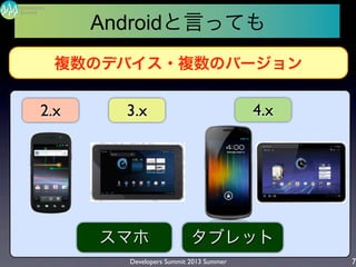 Developers Summit 2013 Summer
Summit
Developers
7
2.x 3.x 4.x
Androidと言っても
複数のデバイス・複数のバージョン
スマホ タブレット
 