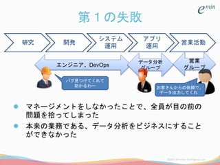 第１の失敗
 マネージメントをしなかったことで、全員が目の前の
問題を拾ってしまった
 本来の業務である、データ分析をビジネスにすること
ができなかった
研究 開発
システム
運用
アプリ
運用
営業活動
エンジニア、DevOps
データ分析
グループ
営業
グループ
バグ見つけてくれて
助かるわー お客さんからの依頼で、
データ出力してくれ
 