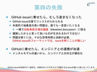 第四の失敗
 GitHub issueに乗せたら、むしろ進まなくなった
 GitHub issueは誰でツッコミが入れられる
 本質的で抽象度の高い問題は、誰でも一言言いたくなる
 一瞬で自転車置き場の議論（bikeshed discussion）に陥る
 議論したからと言って良いものが生まれるわけではない
 問題を解くには、十分な思考時間と決断が必要、
GitHub issueのフォーマットでは、issueを解くことが難しい
 GitHubに乗せたら、エンジニアとの連携が加速
 メンタルモデルの違いから、エンジニアとの対立が顕在化
GitHub issueは名前がクソ過ぎる。名前のせいでそのうえで活動するとissueを解いた気になってしまう。
 