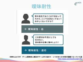 曖昧耐性
DMM.comラボ ゲーム開発素人集団がゲーム作り始めて いつのまにか40倍の組織になっていた話
https://prezi.com/bwixfnzutgbv/40/
 