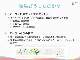 結局どうしたのか？
 データ分析内で人と役割を分ける
 イノベーションのジレンマの回避、目先の仕事からの解放
 新規系、研究開発
 システム・運用系
 アプリケーション運用系
 データレイクの構築
 サービスのDBをredshiftにコピー、redshiftで分析可能に
 現実的な時間でアドホック分析ができるようになり、コミット量
が激減
 