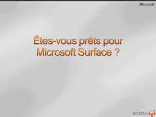 Pour vos clients, Microsoft Surface peut:Apporteune nouvelle expérienceutilisateurPermet aux clients de collaborer et interagirAide intuitive des clients dans la découverte des services et produitsCréezvotreproprecontenu