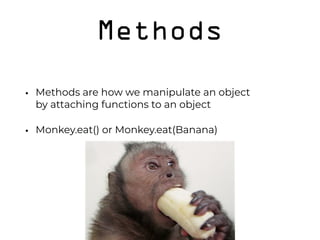 Methods
• Methods are how we manipulate an object 
by attaching functions to an object
• Monkey.eat() or Monkey.eat(Banana) 
 
 
 
 
 