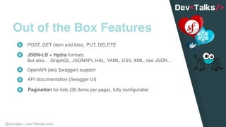 @dunglas - Les-Tilleuls.coop
Out of the Box Features
JSON-LD + Hydra formats
But also… GraphQL, JSONAPI, HAL, YAML, CSV, XML, raw JSON…
OpenAPI (aka Swagger) support
API documentation (Swagger UI)
POST, GET (item and lists), PUT, DELETE
Pagination for lists (30 items per page), fully configurable
 