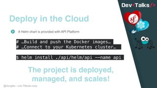 @dunglas - Les-Tilleuls.coop
Deploy in the Cloud
A Helm chart is provided with API Platform
# …Build and push the Docker images…
# …Connect to your Kubernetes cluster…
$ helm install ./api/helm/api --name api
The project is deployed,
managed, and scales!
 
