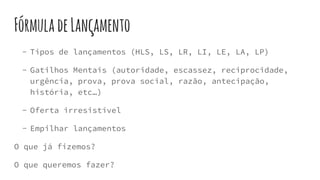 FórmuladeLançamento
- Tipos de lançamentos (HLS, LS, LR, LI, LE, LA, LP)
- Gatilhos Mentais (autoridade, escassez, reciprocidade,
urgência, prova, prova social, razão, antecipação,
história, etc…)
- Oferta irresistível
- Empilhar lançamentos
O que já fizemos?
O que queremos fazer?
 
