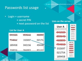 Dev(Talks): Bucharest, Romania, 2015-06-11
An open source strong authentication server for less than $100!
Passwords list usage
• Login = username
+ secret PIN
+ next password on the list
Lists on the server
List for User A
 
