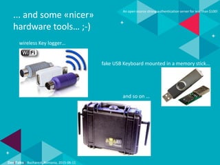 Dev(Talks): Bucharest, Romania, 2015-06-11
An open source strong authentication server for less than $100!
... and some «nicer»
hardware tools… ;-)
fake USB Keyboard mounted in a memory stick…
wireless Key logger…
and so on …
 