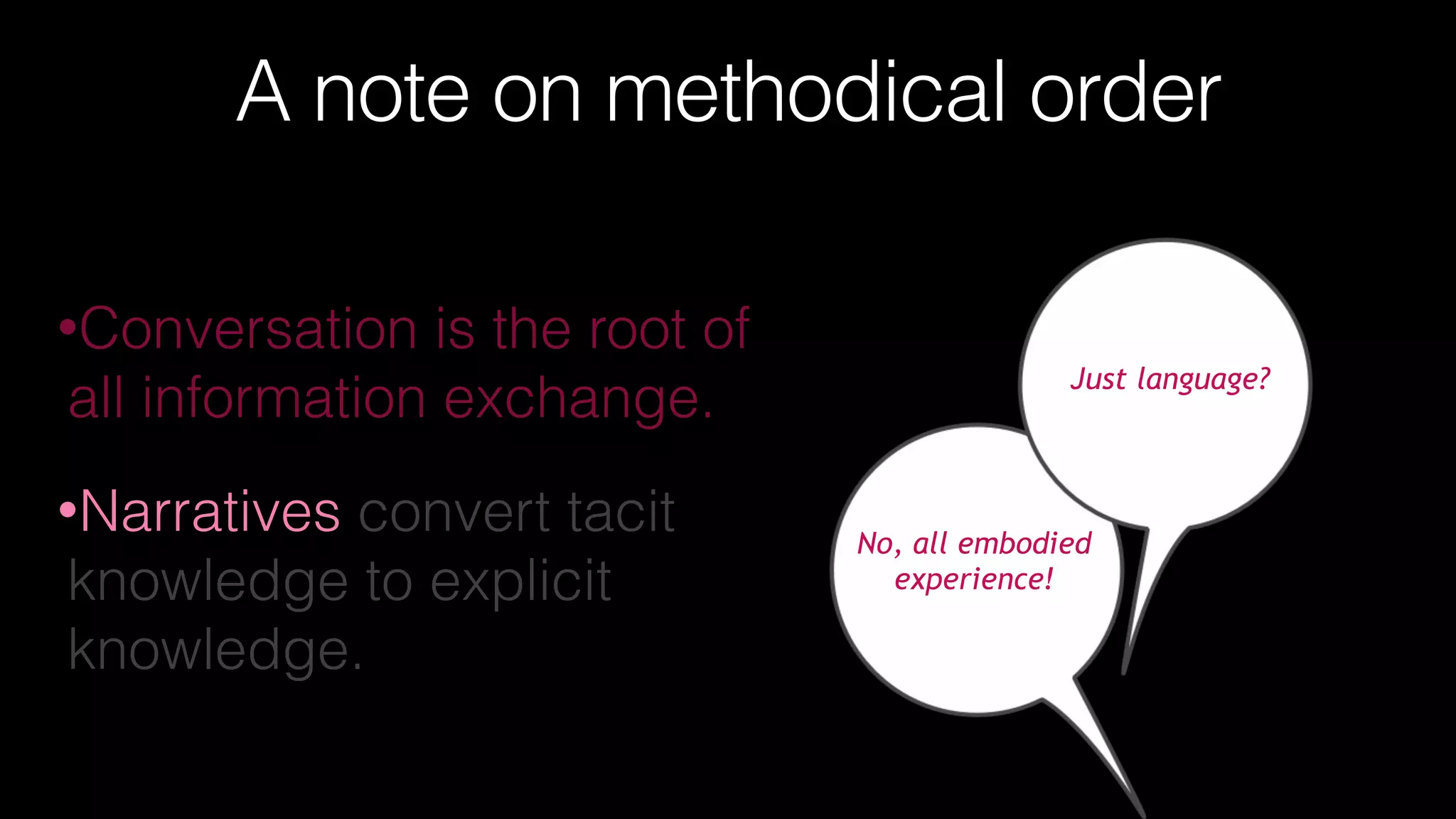 A note on methodical order
•Conversation is the root of
all information exchange.
•Narratives convert tacit
knowledge to explicit
knowledge.
No, all embodied  
experience!
Just language?
 