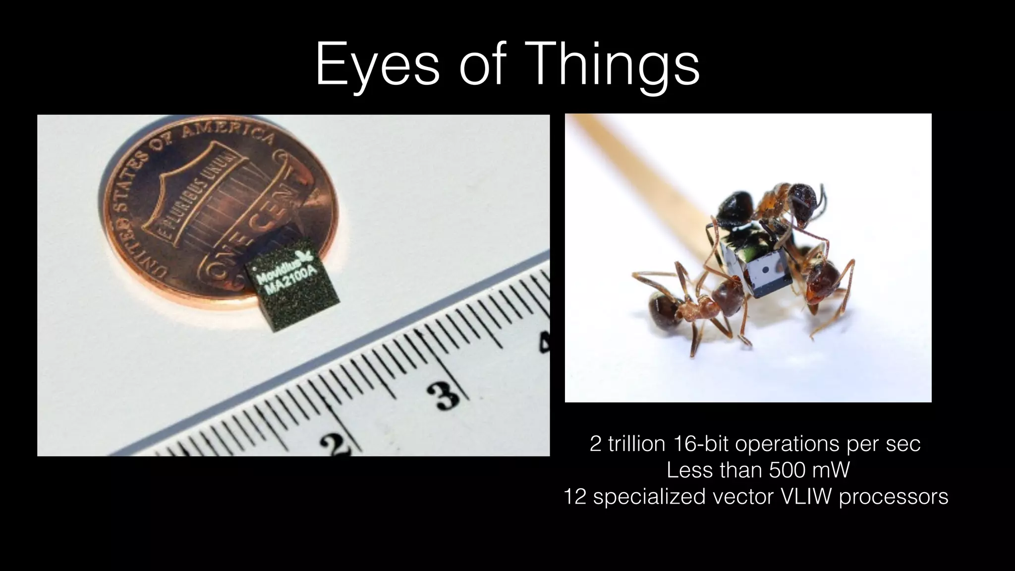 Eyes of Things
2 trillion 16-bit operations per sec
Less than 500 mW
12 specialized vector VLIW processors
 