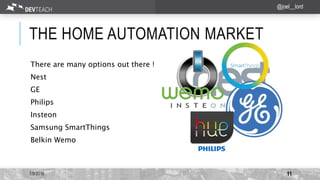THE HOME AUTOMATION MARKET
There are many options out there !
Nest
GE
Philips
Insteon
Samsung SmartThings
Belkin Wemo
7/9/2016 11
@joel__lord
 
