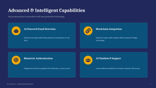 Advanced & Intelligent Capabilities
We go beyond basic transactions with next-generation technology.
AI-Powered Fraud Detection
Machine learning models flag suspicious transactions in real
time.
Blockchain Integration
Optional crypto wallet support with transparent ledger
technology.
Biometric Authentication
Fingerprint & facial recognition for frictionless, secure access.
AI Chatbots & Support
Conversational assistants for instant customer self-service.
Dev Technosys | eWallet App Development 06
 