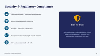 Security & Regulatory Compliance
End-to-end encryption & tokenization of sensitive data
PCI-DSS compliant payment architecture
Biometric & multi-factor authentication
Real-time transaction monitoring & anomaly detection
Role-based access control & audit trails
Built for Trust
Every Dev Technosys eWallet is engineered to meet
global financial regulations — protecting users,
businesses, and transactions at every layer.
Dev Technosys | eWallet App Development 08
 