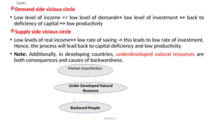 Conti…
Demand side vicious circle
• Low level of income => low level of demand=> low level of investment => back to
deficiency of capital => low productivity
Supply side vicious circle
• Low levels of real income=> low rate of saving -> this leads to low rate of investment.
Hence, the process will lead back to capital deficiency and low productivity.
• Note: Additionally, in developing countries, underdeveloped natural resources are
both consequences and causes of backwardness.
By:Barke D
Market imperfection
Under Developed Natural
Resource
Backward People
 