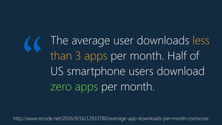 The average user downloads less
than 3 apps per month. Half of
US smartphone users download
zero apps per month.
http://www.recode.net/2016/9/16/12933780/average-app-downloads-per-month-comscore
“
 