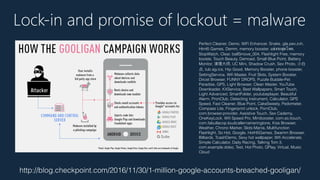 http://blog.checkpoint.com/2016/11/30/1-million-google-accounts-breached-gooligan/
Lock-in and promise of lockout = malware
Perfect Cleaner, Demo, WiFi Enhancer, Snake, gla.pev.zvh,
Html5 Games, Demm, memory booster, แข่งรถสุดโหด,
StopWatch, Clear, ballSmove_004, Flashlight Free, memory
booste, Touch Beauty, Demoad, Small Blue Point, Battery
Monitor, , UC Mini, Shadow Crush, Sex Photo,
, tub.ajy.ics, Hip Good, Memory Booster, phone booster,
SettingService, Wiﬁ Master, Fruit Slots, System Booster,
Dircet Browser, FUNNY DROPS, Puzzle Bubble-Pet
Paradise, GPS, Light Browser, Clean Master, YouTube
Downloader, KXService, Best Wallpapers, Smart Touch,
Light Advanced, SmartFolder, youtubeplayer, Beautiful
Alarm, PronClub, Detecting instrument, Calculator, GPS
Speed, Fast Cleaner, Blue Point, CakeSweety, Pedometer,
Compass Lite, Fingerprint unlock, PornClub,
com.browser.provider, Assistive Touch, Sex Cademy,
OneKeyLock, Wiﬁ Speed Pro, Minibooster, com.so.itouch,
com.fabullacop.loudcallernameringtone, Kiss Browser,
Weather, Chrono Marker, Slots Mania, Multifunction
Flashlight, So Hot, Google, HotH5Games, Swamm Browser,
Billiards, TcashDemo, Sexy hot wallpaper, Wiﬁ Accelerate,
Simple Calculator, Daily Racing, Talking Tom 3,
com.example.ddeo, Test, Hot Photo, QPlay, Virtual, Music
Cloud
 
