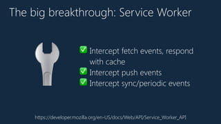 ✅ Intercept fetch events, respond
with cache
✅ Intercept push events
✅ Intercept sync/periodic events
The big breakthrough: Service Worker
https://developer.mozilla.org/en-US/docs/Web/API/Service_Worker_API
🔧
 