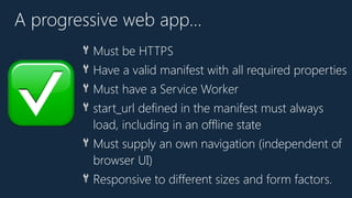 ✅
🔧 Must be HTTPS
🔧 Have a valid manifest with all required properties
🔧 Must have a Service Worker
🔧 start_url defined in the manifest must always
load, including in an offline state
🔧 Must supply an own navigation (independent of
browser UI)
🔧 Responsive to different sizes and form factors.
A progressive web app…
 