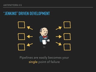 ANTIPATTERN # 6
“JENKINS” DRIVEN DEVELOPMENT
`
`
`
Pipelines are easily becomes your
single point of failure
CI
 