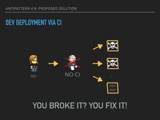 ANTIPATTERN # 8: PROPOSED SOLUTION
DEV DEPLOYMENT VIA CI
ENV
ENV
DEV 
ENV
…
YOU BROKE IT? YOU FIX IT!
DEV NO CI
 