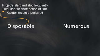 Disposable Numerous
Projects start and stop frequently
Required for short period of time
Golden masters preferred
 