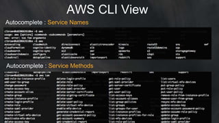 AWS CLI View
Autocomplete : Service Methods
Autocomplete : Service Names
 