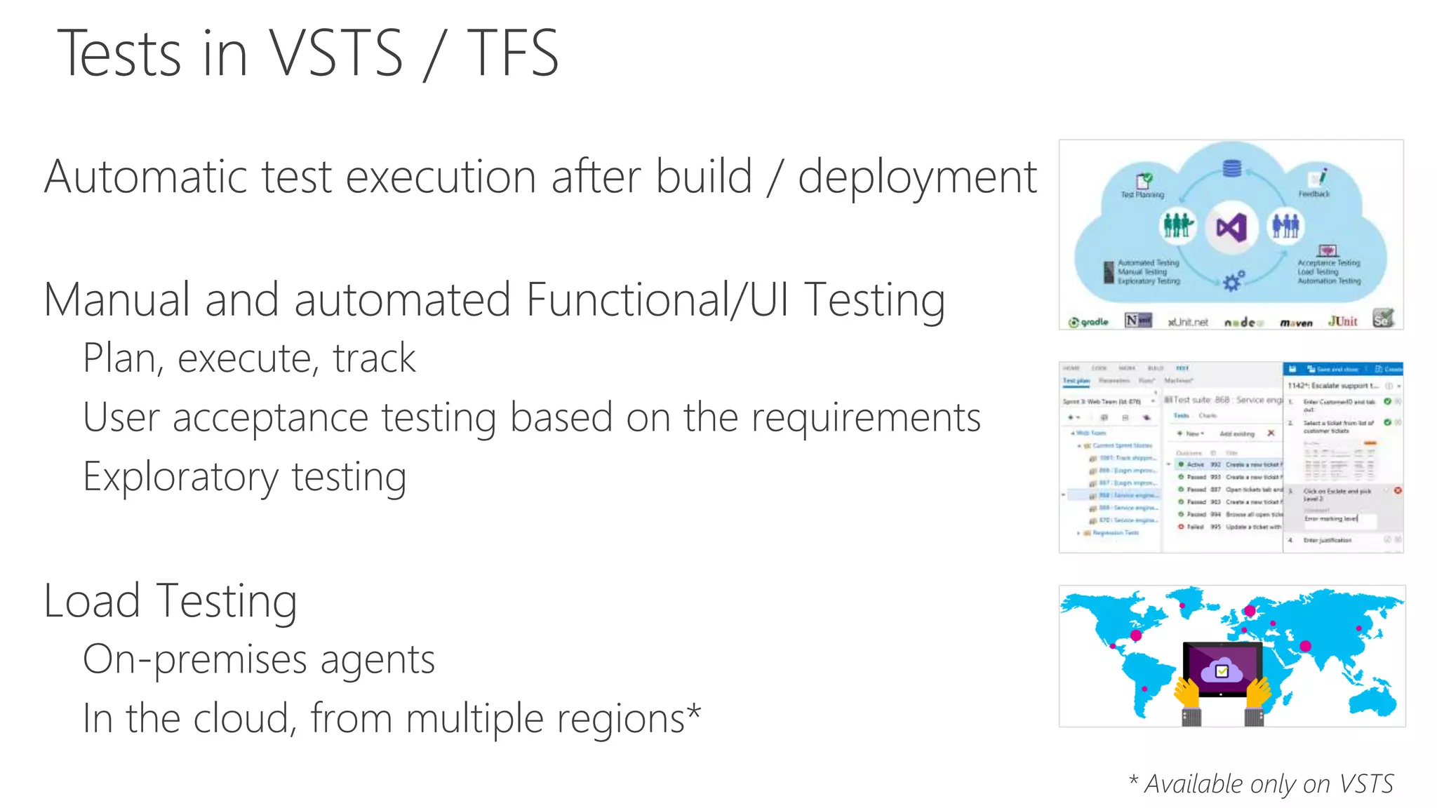Automatic test execution after build / deployment
Manual and automated Functional/UI Testing
Plan, execute, track
User acceptance testing based on the requirements
Exploratory testing
Load Testing
On-premises agents
In the cloud, from multiple regions*
* Available only on VSTS
Tests in VSTS / TFS
 