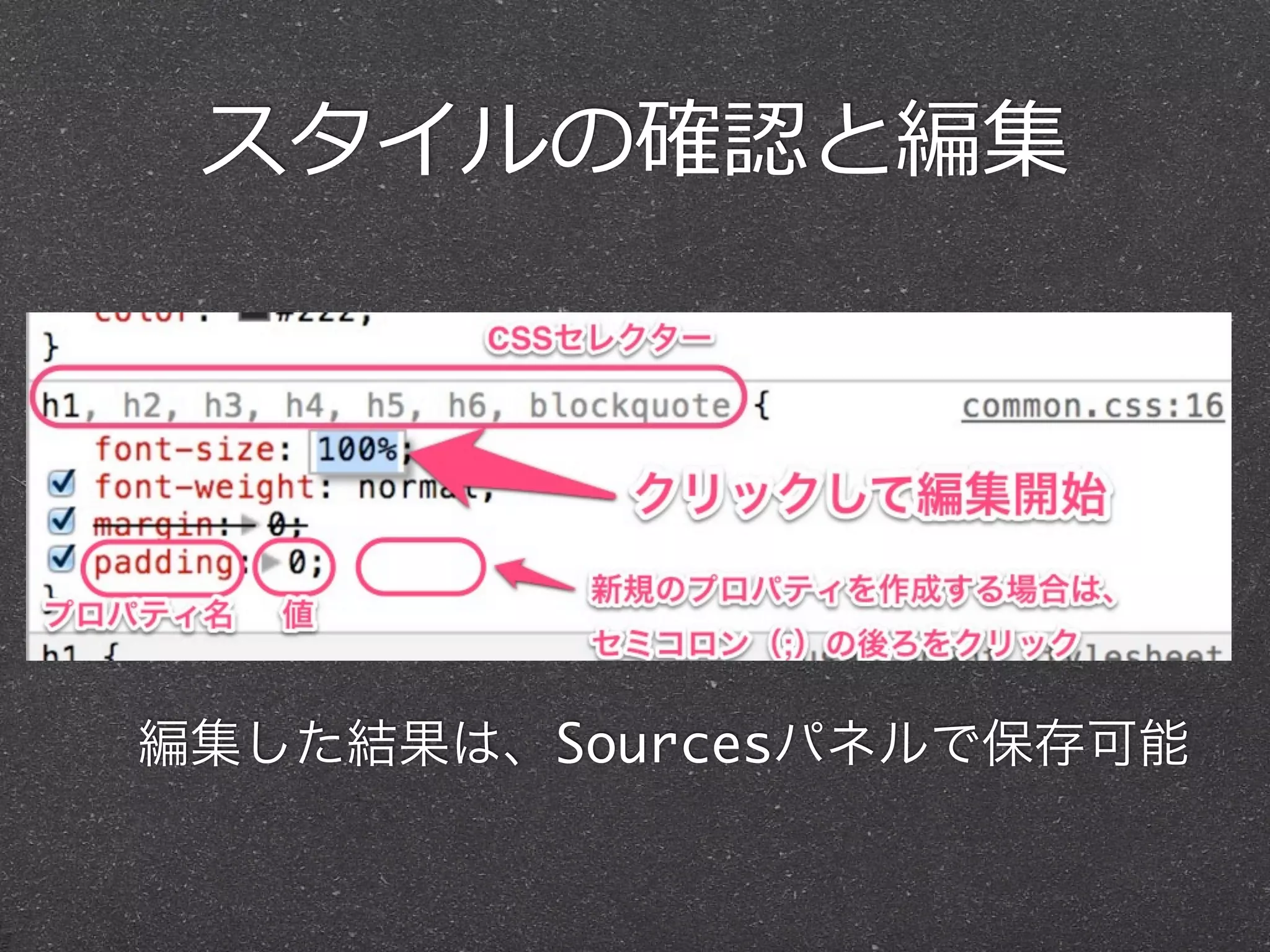 スタイルの確認と編集




編集した結果は、Sourcesパネルで保存可能
 