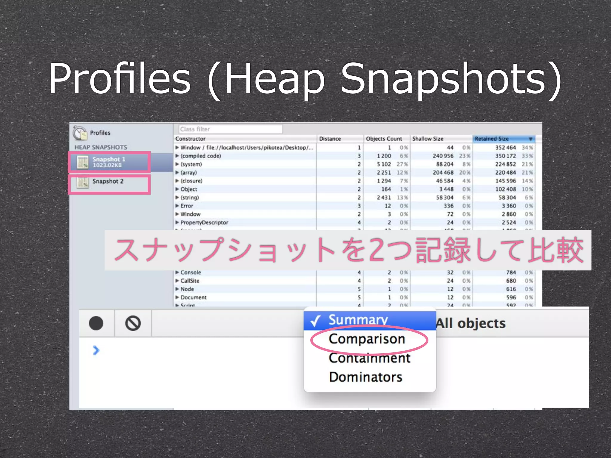 Proﬁles  (Heap  Snapshots)



   スナップショットを2つ記録して比較
 