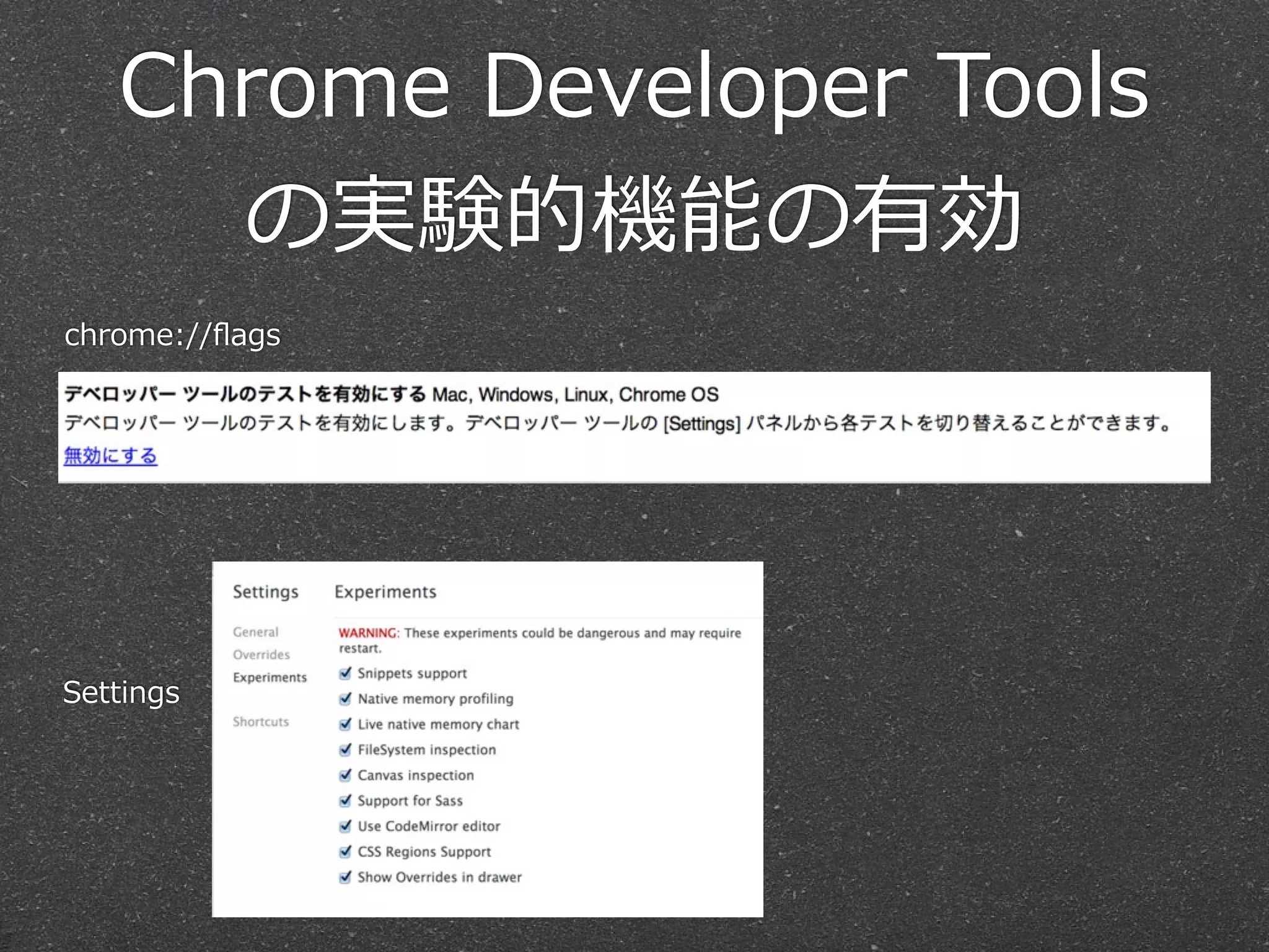 Chrome  Developer  Tools
     の実験的機能の有効
chrome://ﬂags




Settings
 